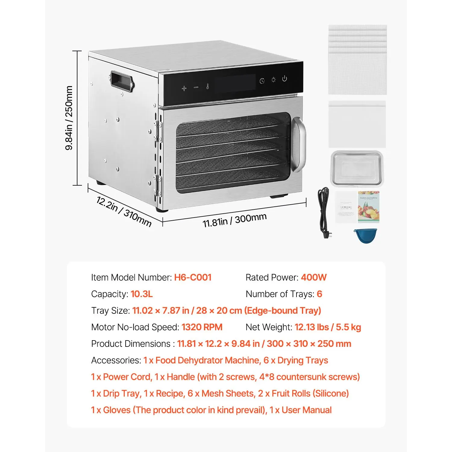 Dehydrator Tray Electric - Food Dehydrator Machine, 6 Stainless Steel